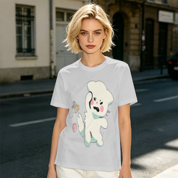 Olive T-Shirt With Angry Fluffy White Creature Swatting At Bee Print