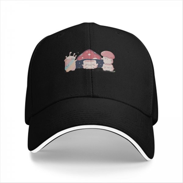 Black baseball cap with cute mushroom creature graphic print