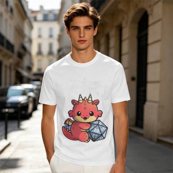 Cute Red Dragon Holding D20 Dice Graphic T-Shirt