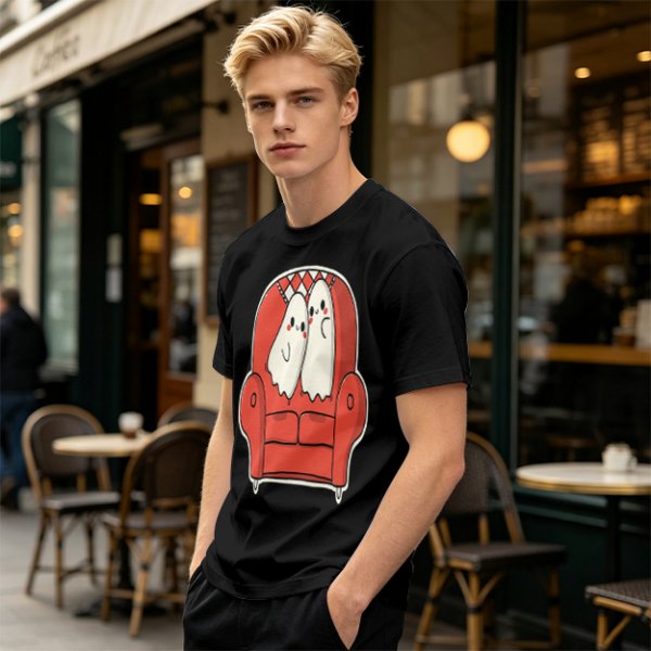 Olive T-Shirt with Cute Ghosts on Red Armchair Graphic