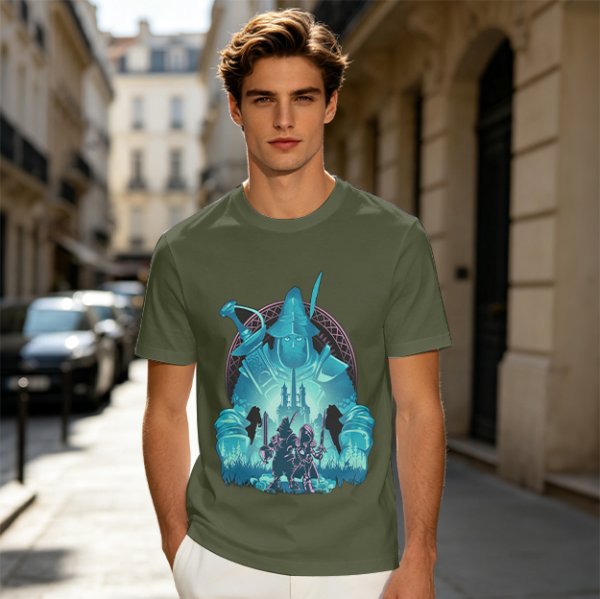 Fantasy warrior ghost print olive green graphic t-shirt