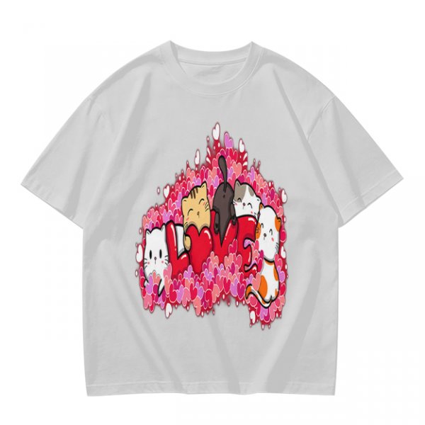 Olive green t-shirt with cute cats and love hearts graphic