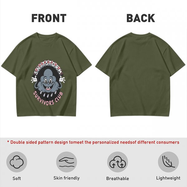 Olive Graphic T-Shirt with Shitstorm Survivors Club Cartoon Print