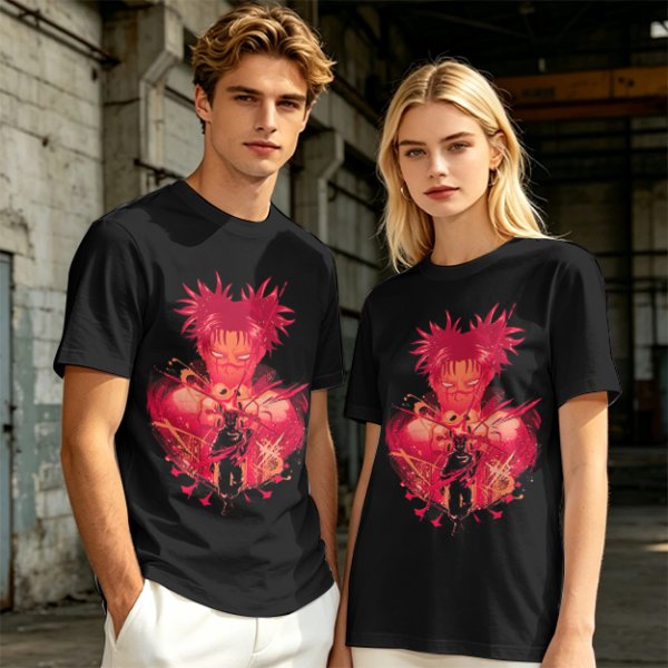 Olive Anime Graphic T-Shirt With Spiky Red Haired Character Art