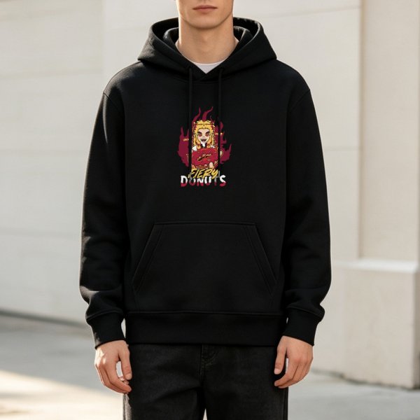 Black Hoodie With Fiery Donuts Anime Character Graphic Print