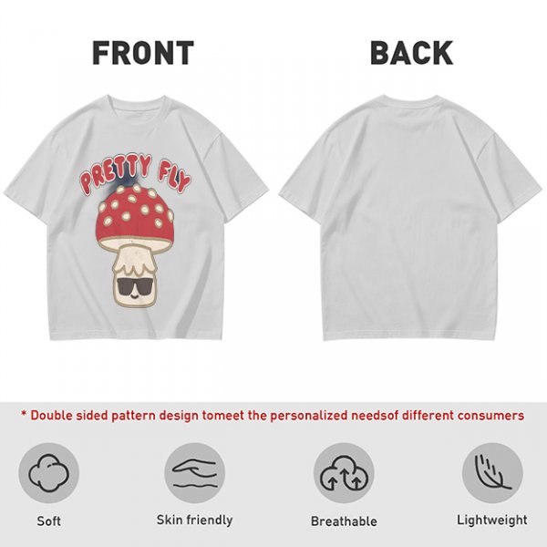Olive green graphic t-shirt with 'Pretty Fly' and cool mushroom print