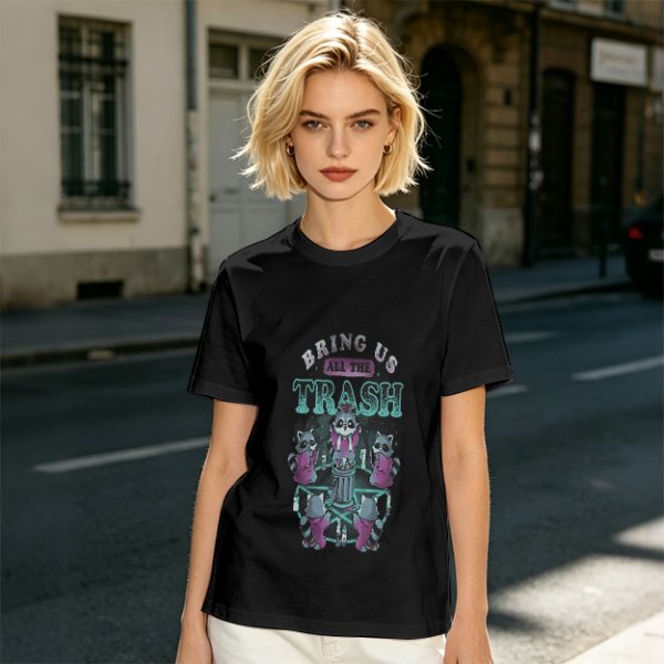 Olive graphic t-shirt with raccoons and 'Bring Us All The Trash' text