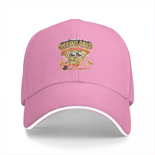 Black baseball cap with Cheesus Crust pizza slice graphic