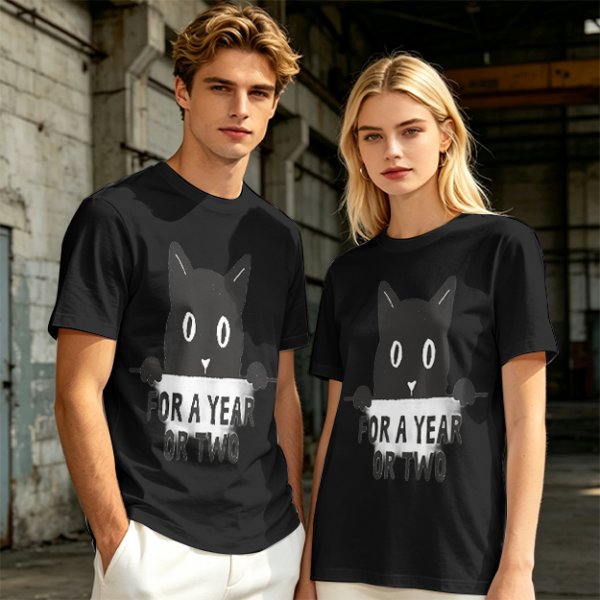 Olive graphic t-shirt with black cat holding 'for a year or two' text