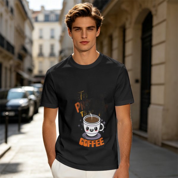 Olive Green T-Shirt With Cute Coffee Cup Graphic and Problem Solution Text