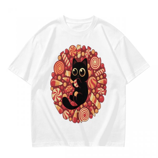 Olive T-Shirt With Cute Black Cat Holding Candy Surrounded By Sweets