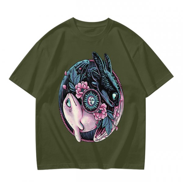 Olive T-Shirt with Yin Yang Dragon Floral Sun Moon Art