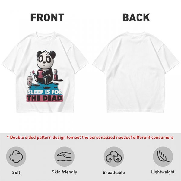 Olive t-shirt with panda drinking coffee and 'Sleep is for the dead' text