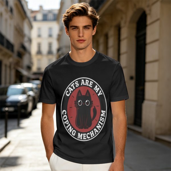 Olive t-shirt with 'Cats Are My Coping Mechanism' and black cat graphic