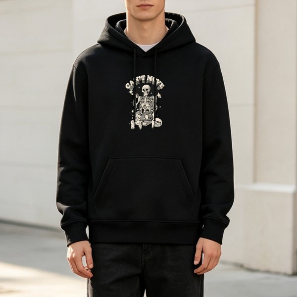Black hoodie with skeleton graphic and 'CAN'T MOVE' print