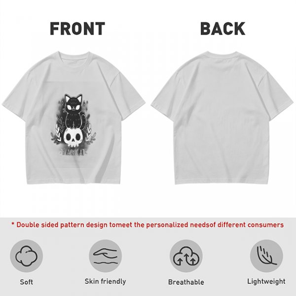 Olive green graphic t-shirt with black cat and skull print