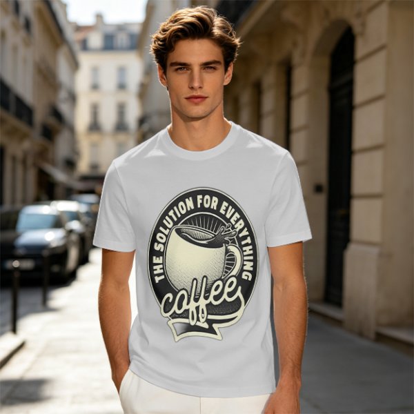 Olive t-shirt with coffee themed 'the solution for everything' print