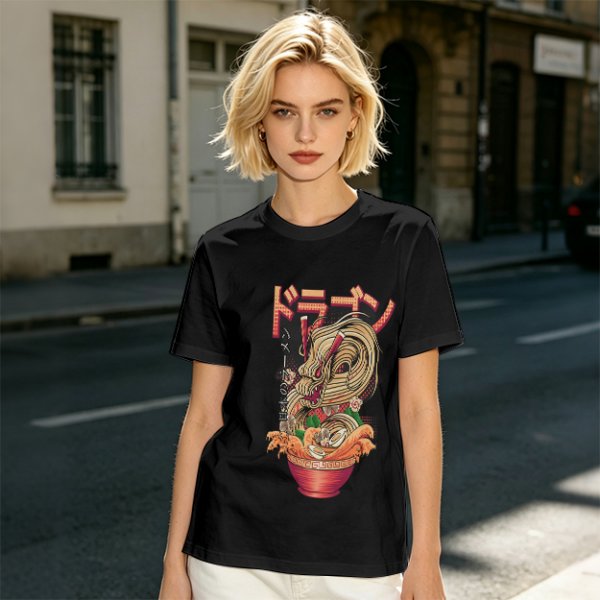 Olive T-Shirt with Japanese Ramen Dragon Graphic Print