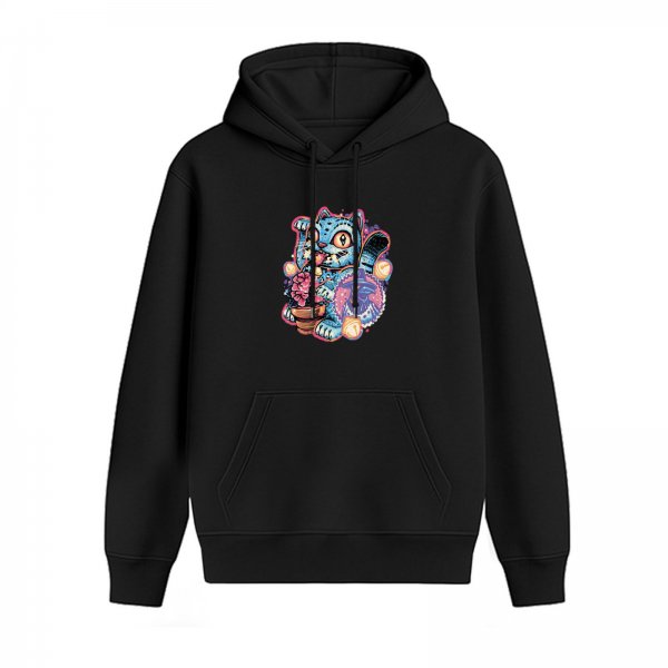 Black hoodie with whimsical blue lucky cat graphic print