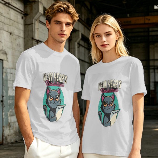Olive green graphic t-shirt with grumpy cat holding New Year's resolutions