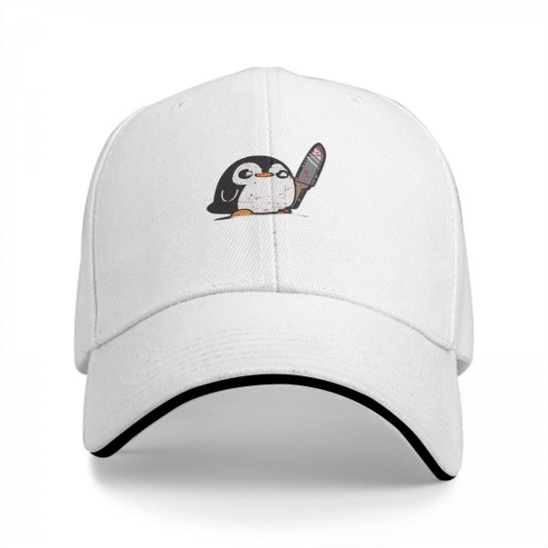 Black baseball cap with a cute penguin holding a bloodied knife print