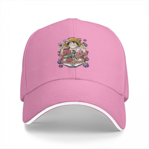 Black baseball cap with anime character eating ramen design