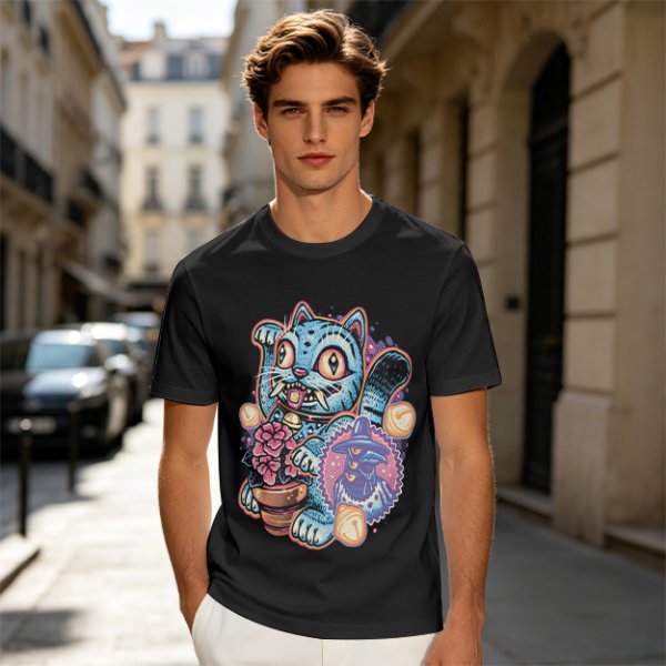 Olive T-Shirt With Maneki-Neko Sabertooth Cat And Crow Art