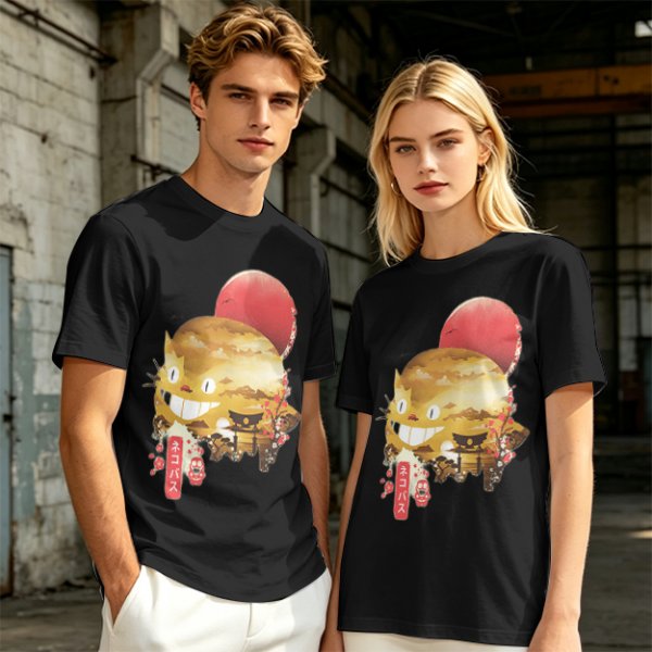 Olive t-shirt with Japanese cat bus and sun graphic