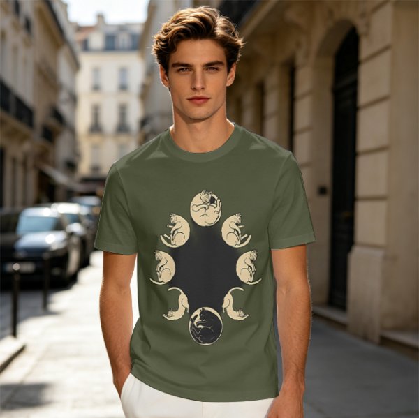 Olive T-Shirt With Cat Phases Moon Cycle Graphic Print