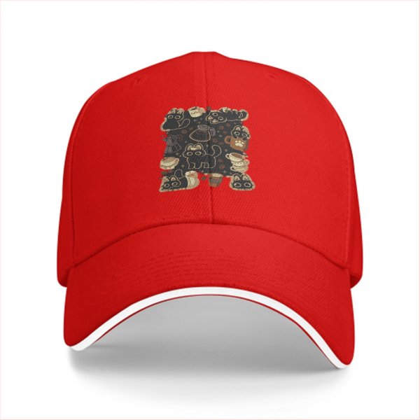 Black Baseball Cap With Cute Cats And Coffee Themed Print