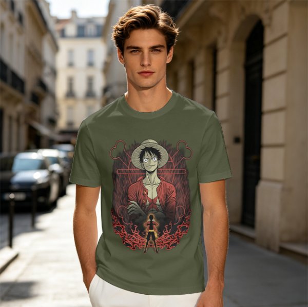 One Piece Luffy Graphic Print Olive T-Shirt