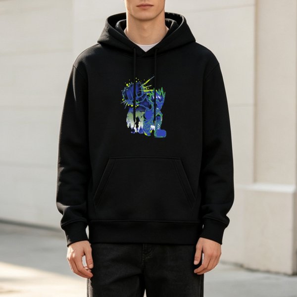 Black Hoodie with Abstract Blue and Green Graphic Print