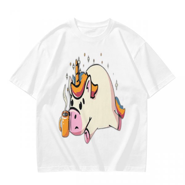 Olive T-Shirt With Tired Unicorn Holding Hot Coffee Print