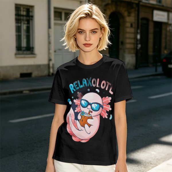 Olive t-shirt with a relaxed axolotl wearing sunglasses holding a drink