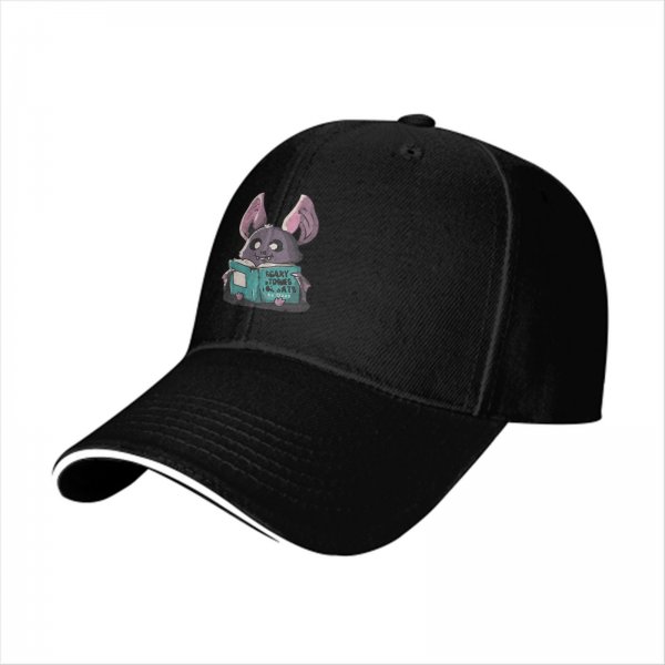 Black baseball cap with cute bat reading scary stories book print