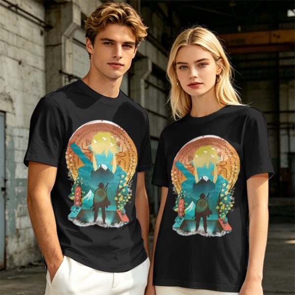 Olive Green T-Shirt With Fantasy Hero Silhouette Landscape Art