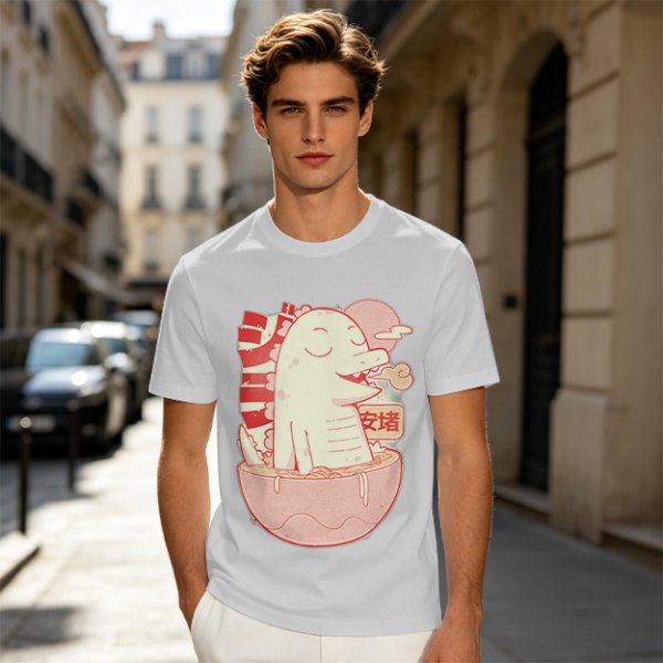 Olive t-shirt with a cartoon dinosaur in a ramen bowl graphic