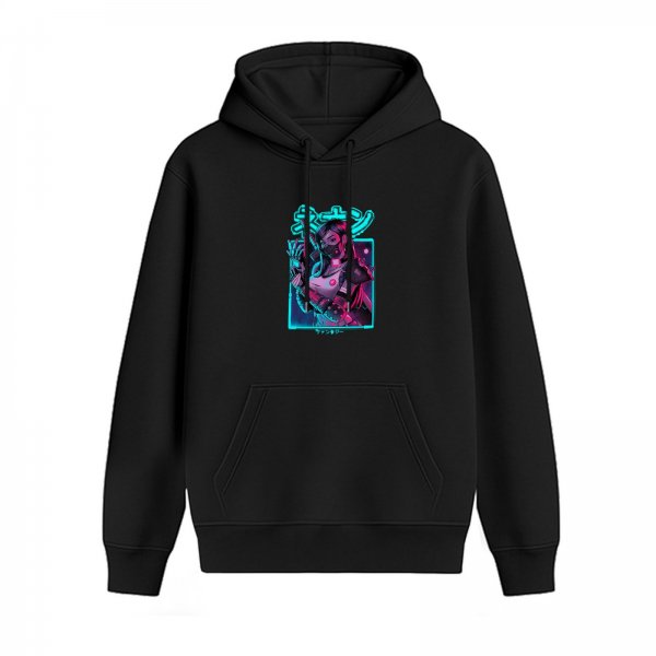 Black Hoodie with Cyberpunk Anime Female Character Graphic