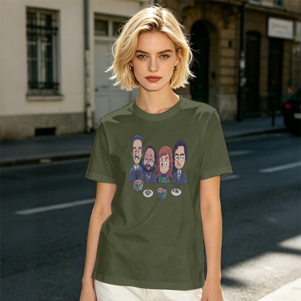 Olive T-shirt with Cartoon Group of Four People and Bowls Print