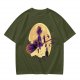 Olive t-shirt with witch flying on broom against full moon