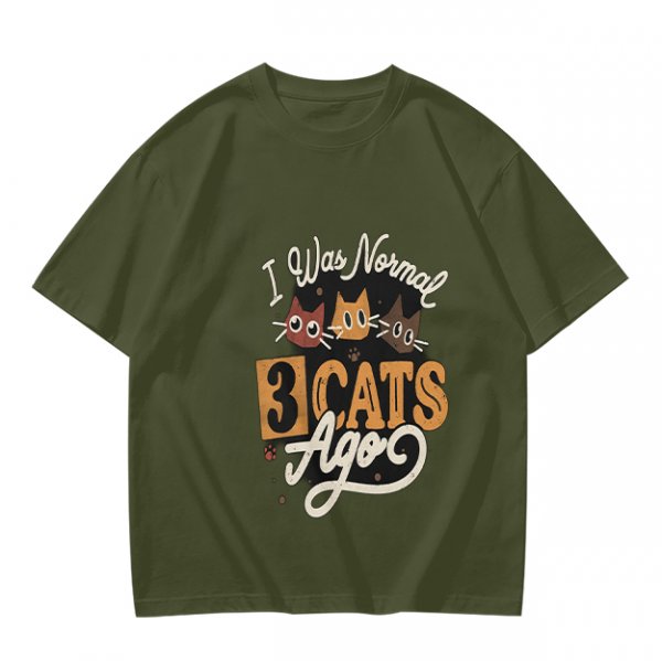 Olive Cat Lover T-Shirt With 'I Was Normal 3 Cats Ago' Print