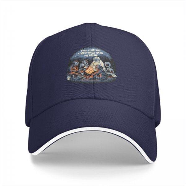 Black baseball cap with cryptid alien campfire graphic design