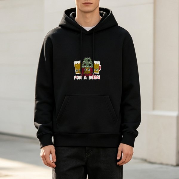 Black hoodie with Christmas beer and tree graphic for beer lovers