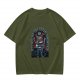Olive green t-shirt with retro robot monster city attack graphic