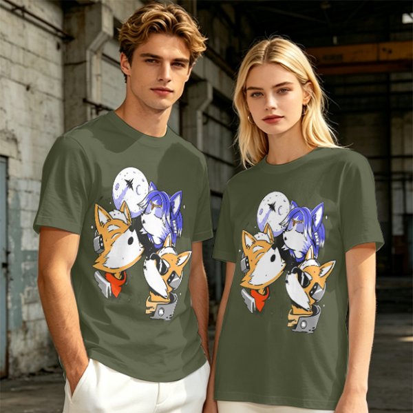 Olive T-shirt with Space Fox Crew Graphic Design