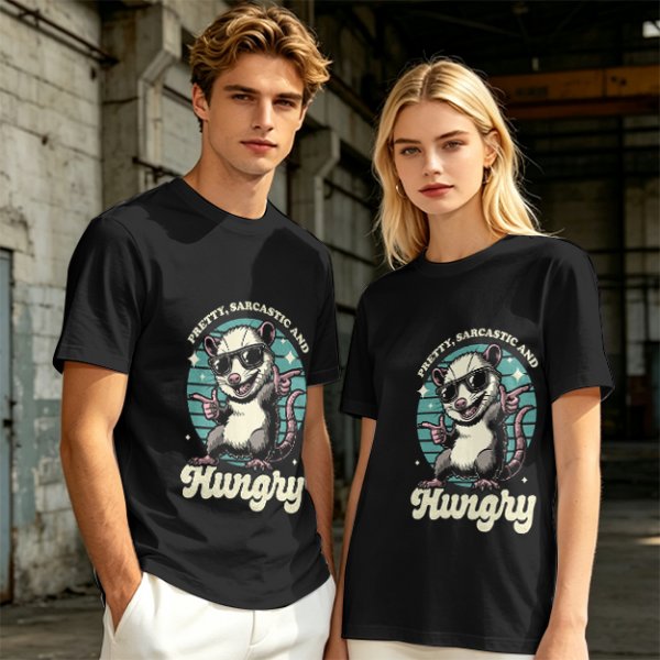 Olive graphic tee with sarcastic hungry opossum in sunglasses