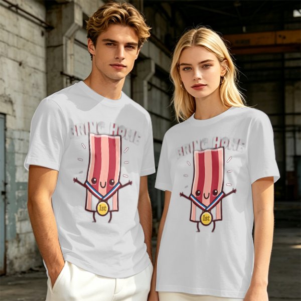 Olive T-Shirt With Cartoon Bacon Champion Medal Print