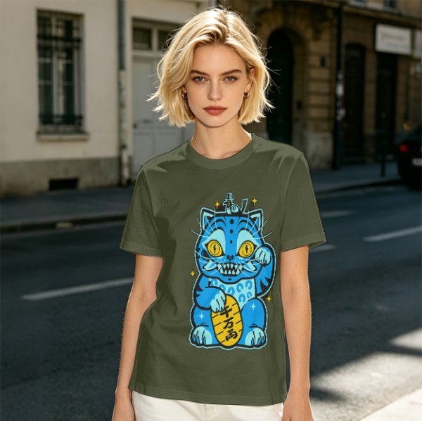 Olive T-Shirt With Blue Maneki-Neko Monster Graphic Print