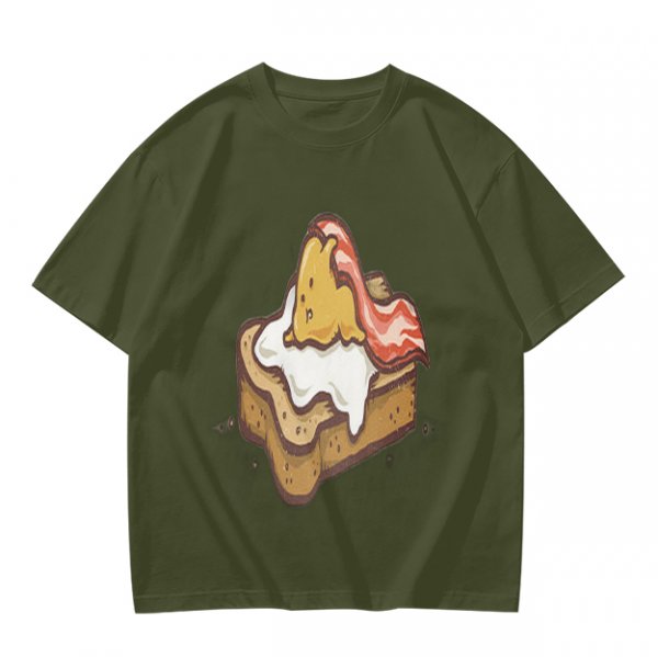 Olive T-Shirt With Cute Lazy Egg On Toast And Bacon Print
