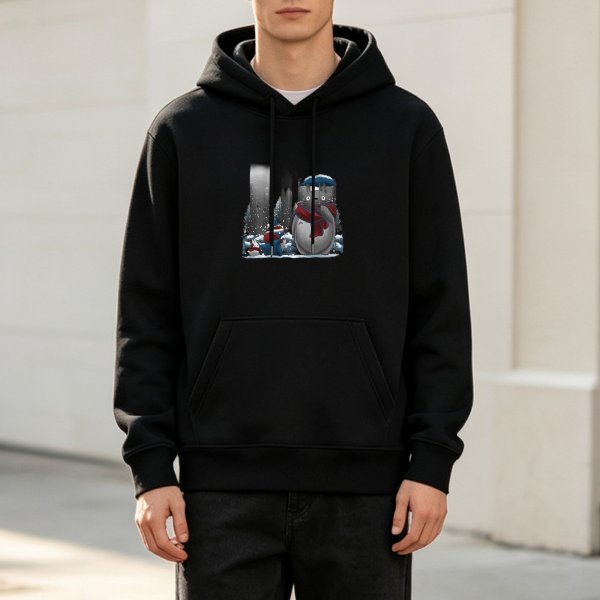 Black hoodie with winter snow scene graphic of a round character with red scarf